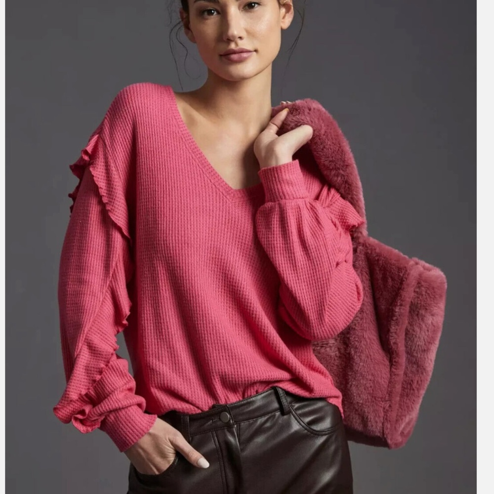 Anthropologie V-Neck waffle shirt with Ruffle Sleeves